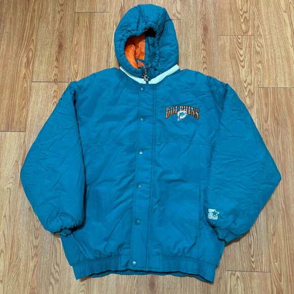 Vintage 90s Miami Dolphins Starter NFL Puffer Jacket w/ Removable Hood - Picture 2 of 7
